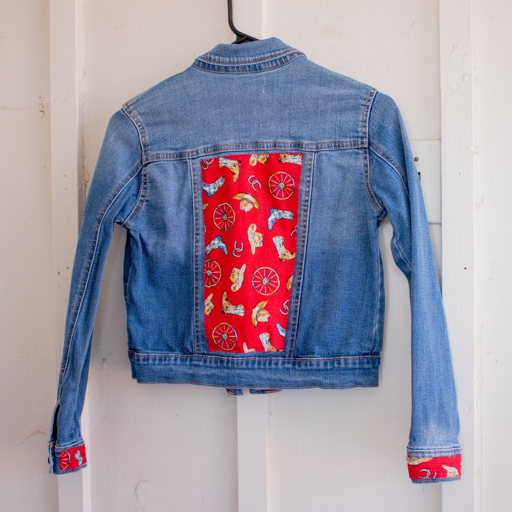Upcycled Child's Denim Jacket with Red Western Embellishment, Old Navy, Large